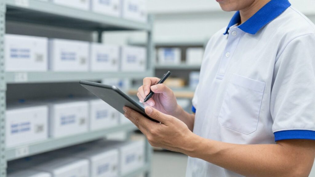 Especialista en control de calidad inspecciona un paquete devuelto con una tableta digital en un almacén logístico organizado.