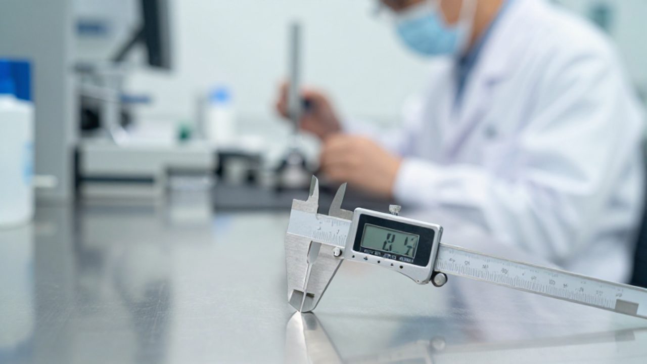 Micrómetro digital y calibrador vernier sobre un banco de trabajo en un laboratorio de control de calidad.