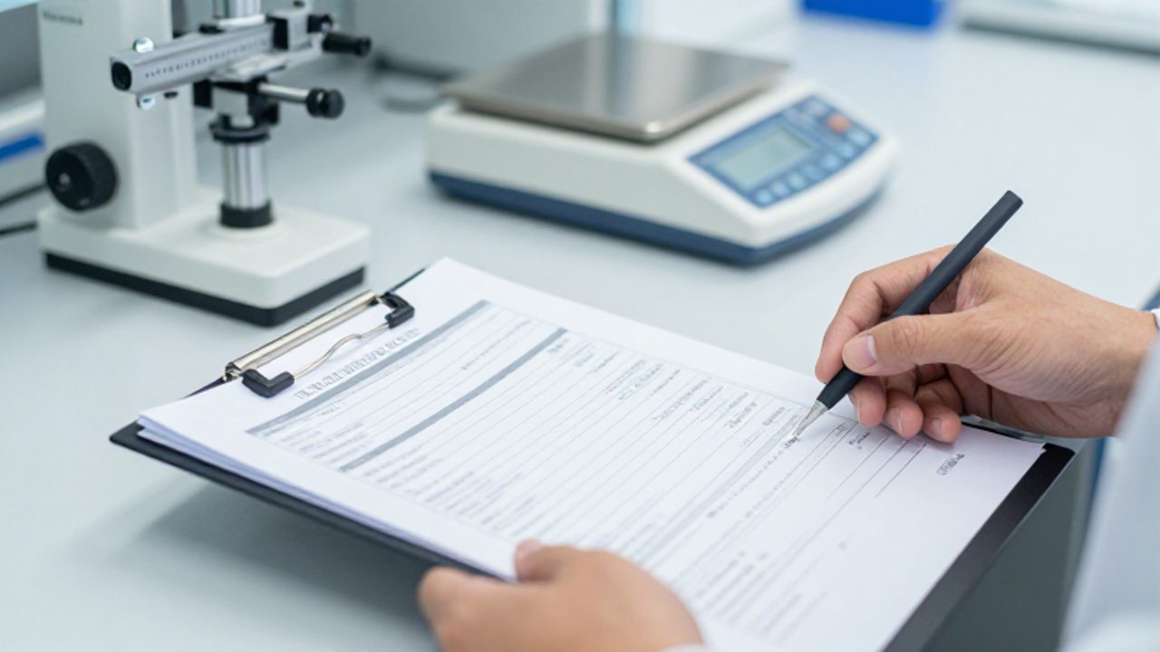 Especialista en control de calidad revisando informes técnicos y certificados de calibración sobre un banco de trabajo de laboratorio.