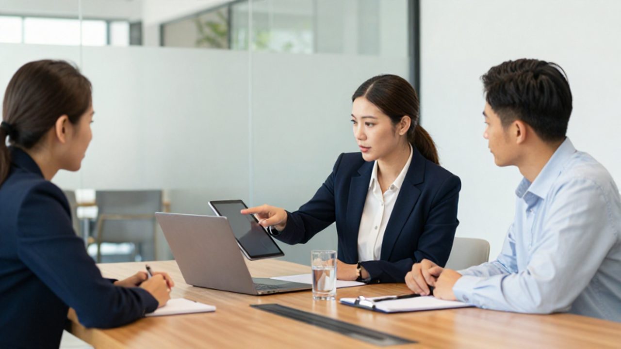 Equipo de trabajo discutiendo en una oficina moderna mientras una gerente señala una tablet para coordinar estrategias.