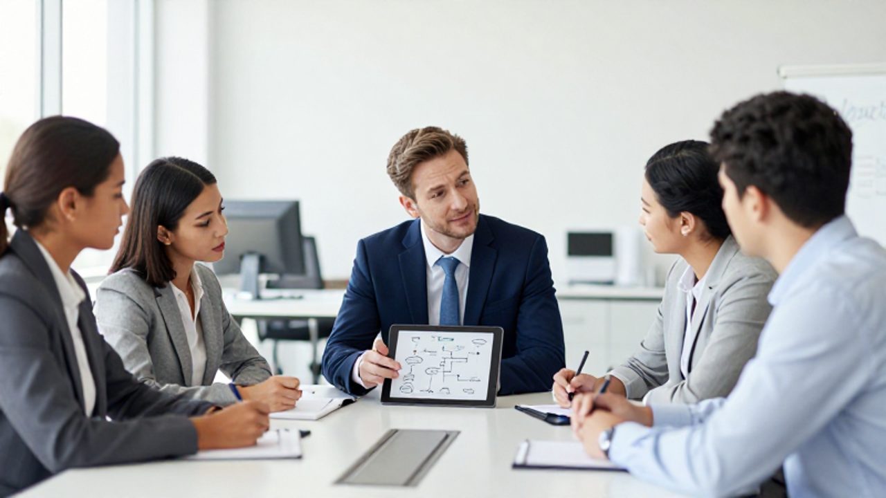 Grupo de especialistas en una oficina moderna participan en un taller de capacitación colaborando alrededor de una mesa de reuniones.
