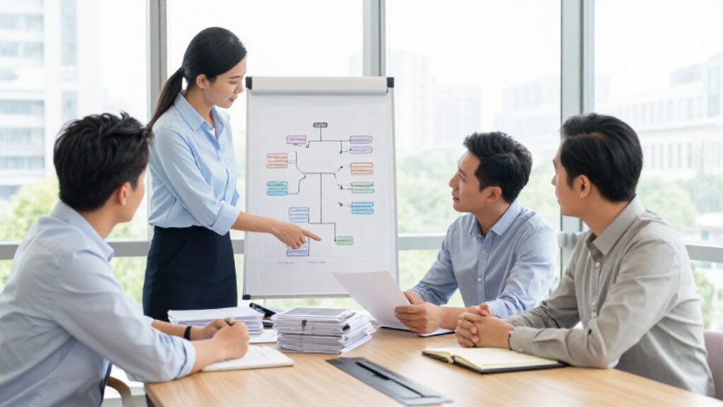 Un equipo de profesionales analiza un diagrama de procesos durante una reunión de trabajo colaborativa en una oficina moderna.