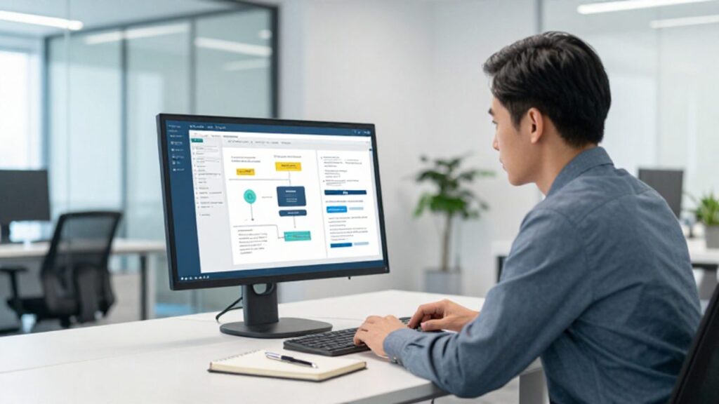Un gestor de calidad analiza una presentación de diagramas y procesos de gestión en el monitor de un ordenador en una oficina moderna.