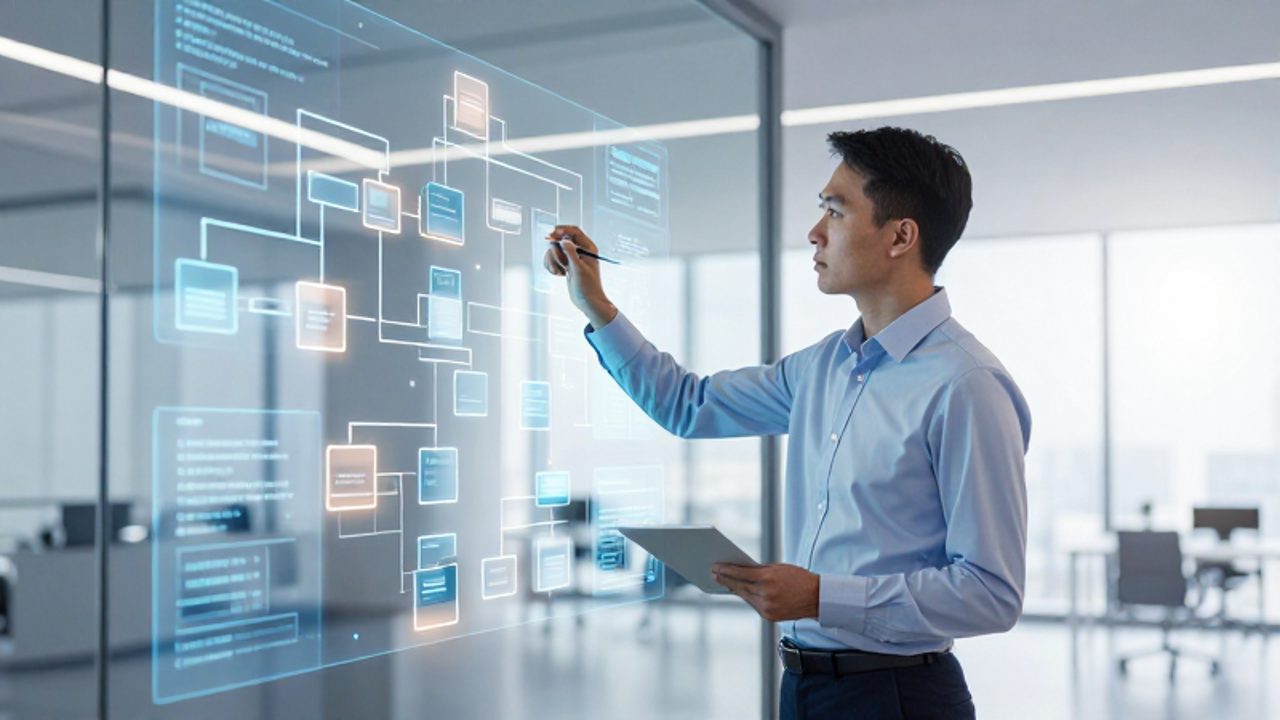 Un gestor de calidad analiza diagramas de flujo digitales proyectados sobre un cristal en una oficina moderna para representar la integración de procesos.