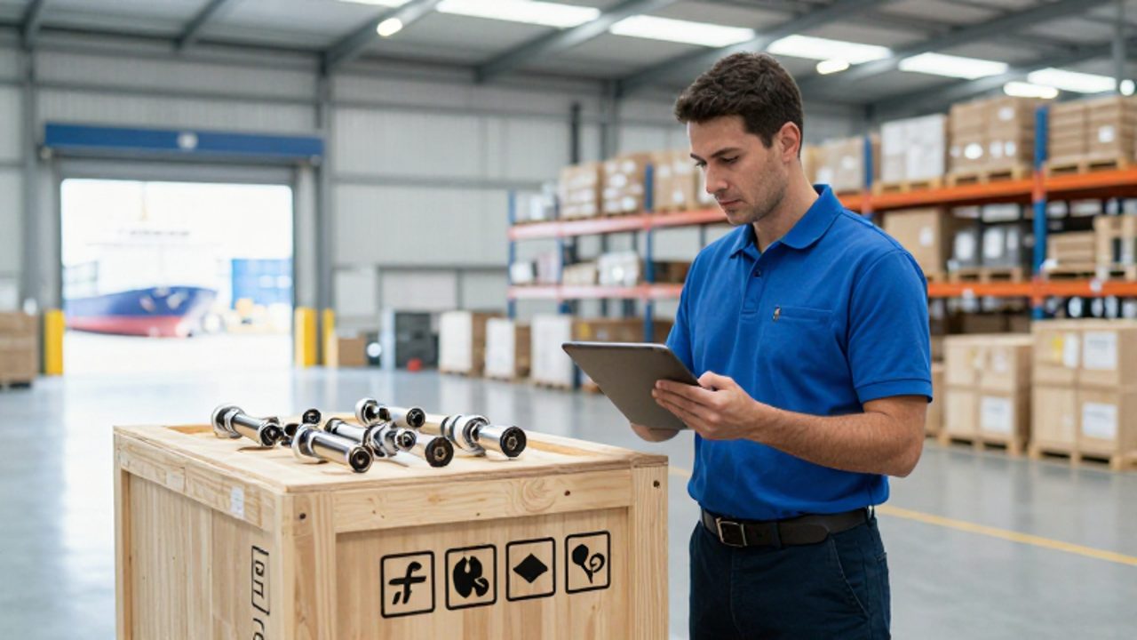 Un gestor logístico inspecciona componentes de precisión en un almacén moderno junto a una caja preparada para exportación internacional.