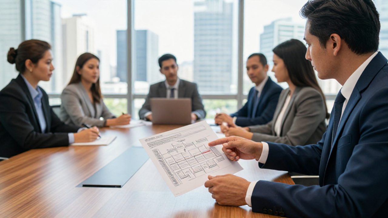 Consultor de negocios explica un documento técnico a un grupo de ejecutivos en una oficina moderna con vistas a los rascacielos de São Paulo.