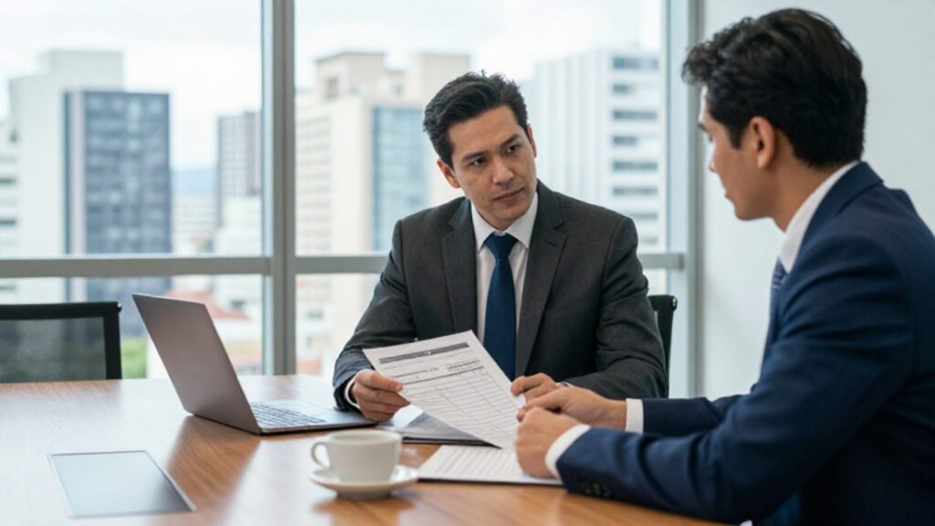 Consultor y ejecutivo revisan documentos y una lista de verificación ISO 9001 en una sala de reuniones con vistas a la ciudad de São Paulo.