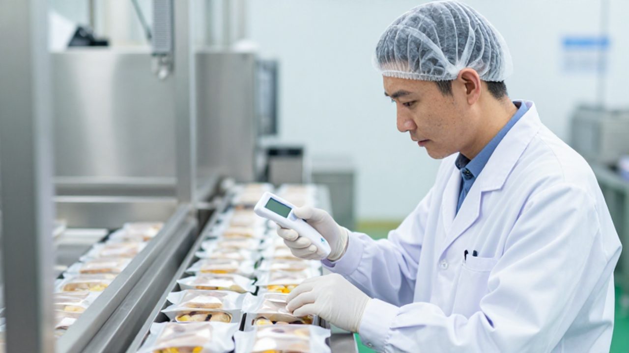 Inspectora de control de calidad con equipo de protección midiendo la temperatura de productos alimenticios en una línea de producción higiénica.