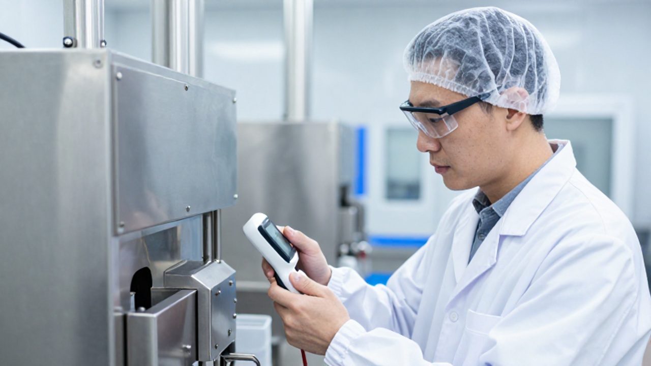 Inspector de control de calidad con vestimenta sanitaria revisa una línea de producción de acero inoxidable en una planta de procesamiento de alimentos.