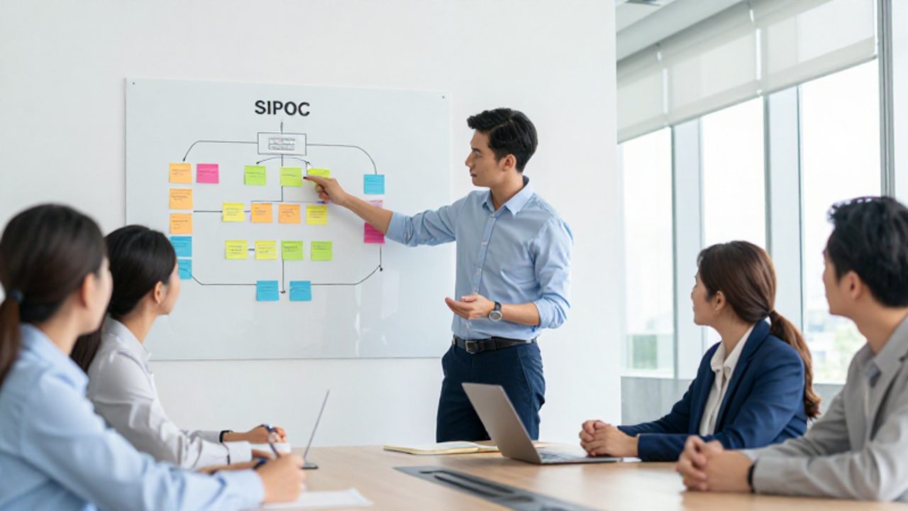 Un gestor de calidad señala un diagrama SIPOC elaborado con notas adhesivas de colores en una pared durante una reunión de equipo.