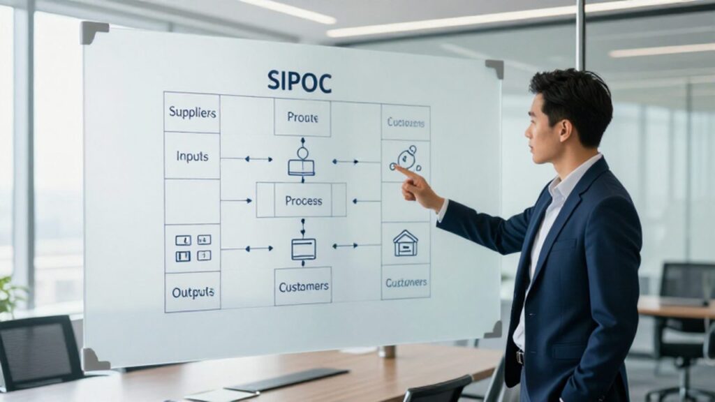 Un gestor de calidad señala un diagrama SIPOC con columnas organizadas en una pizarra de cristal dentro de una sala de juntas moderna.