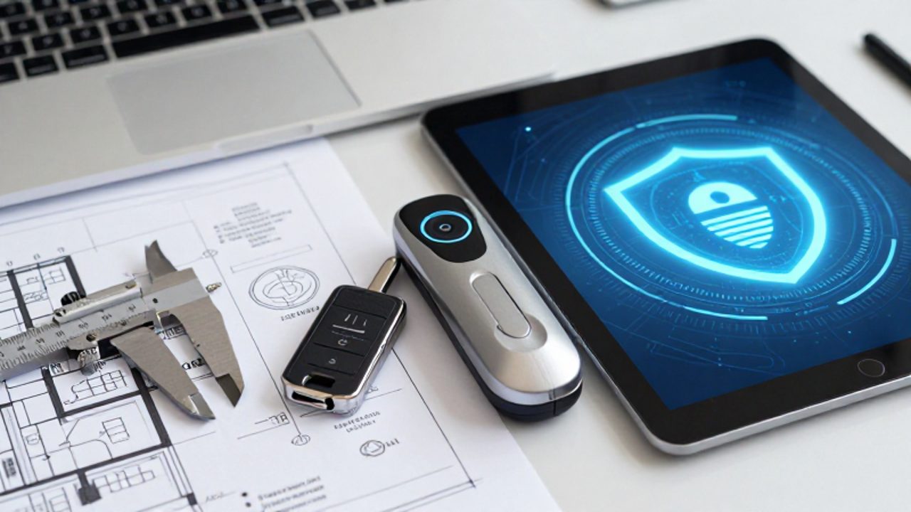 Planos técnicos y un calibrador junto a un escáner biométrico y una llave de seguridad digital sobre un escritorio de oficina para representar la gestión de calidad y la seguridad de la información.