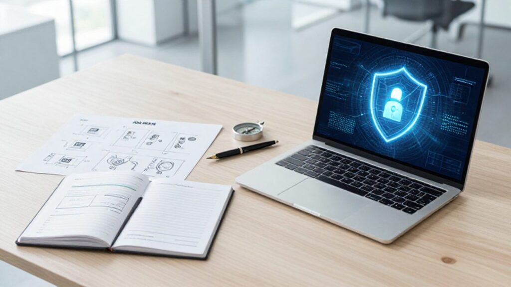 Un escritorio de oficina con diagramas de procesos organizados junto a un portátil que muestra un escudo digital, representando la gestión de calidad y la seguridad de la información.