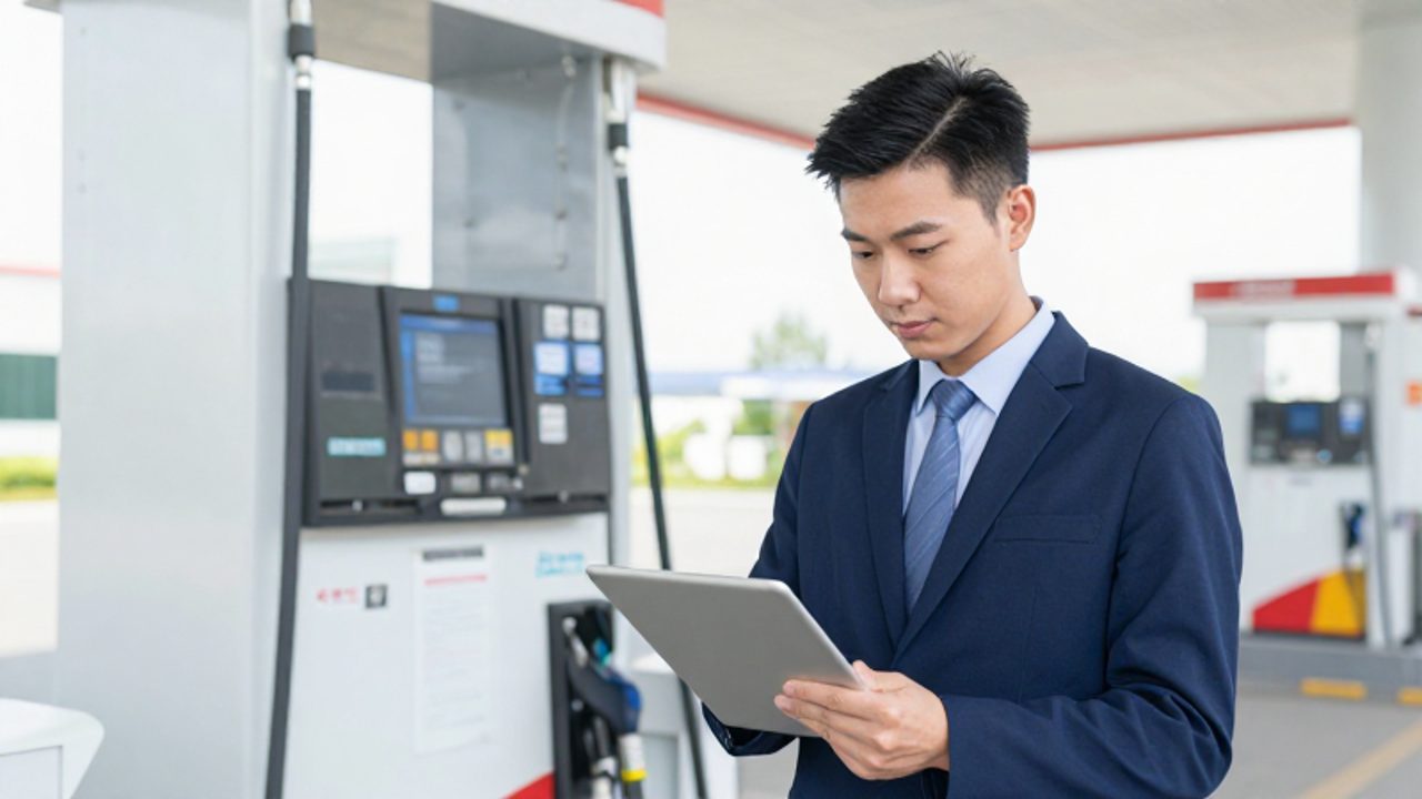 Un auditor profesional revisa documentación y una tableta digital junto a un surtidor de combustible en una estación de servicio moderna.