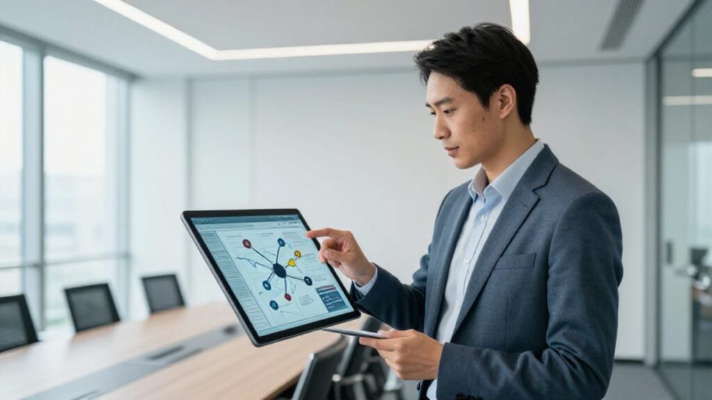 Un gestor de calidad analiza un mapa estratégico de datos proyectado en una tableta de cristal dentro de una oficina moderna.