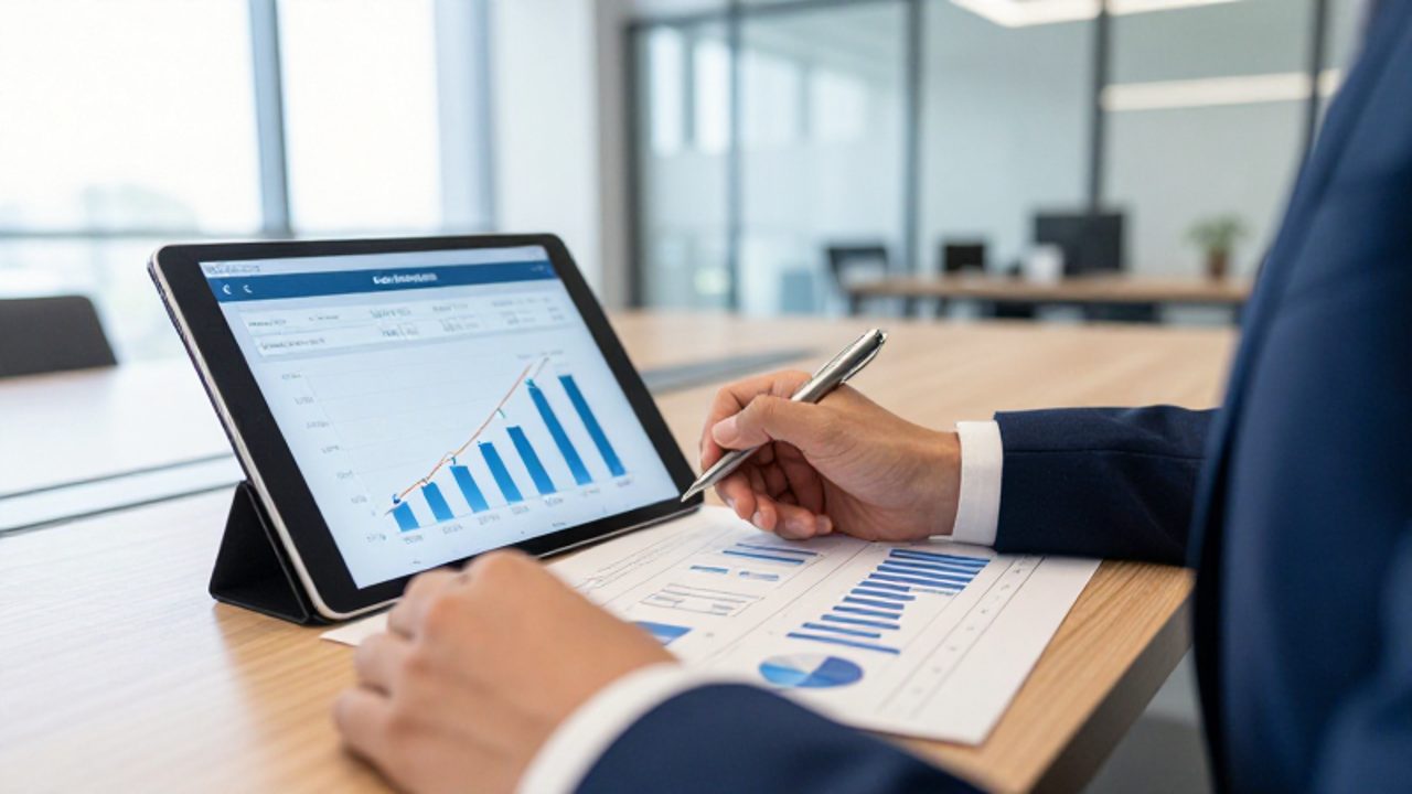 Analista financiero revisando un reporte de coste-beneficio en una tableta y documentos impresos con gráficos de eficiencia operativa.