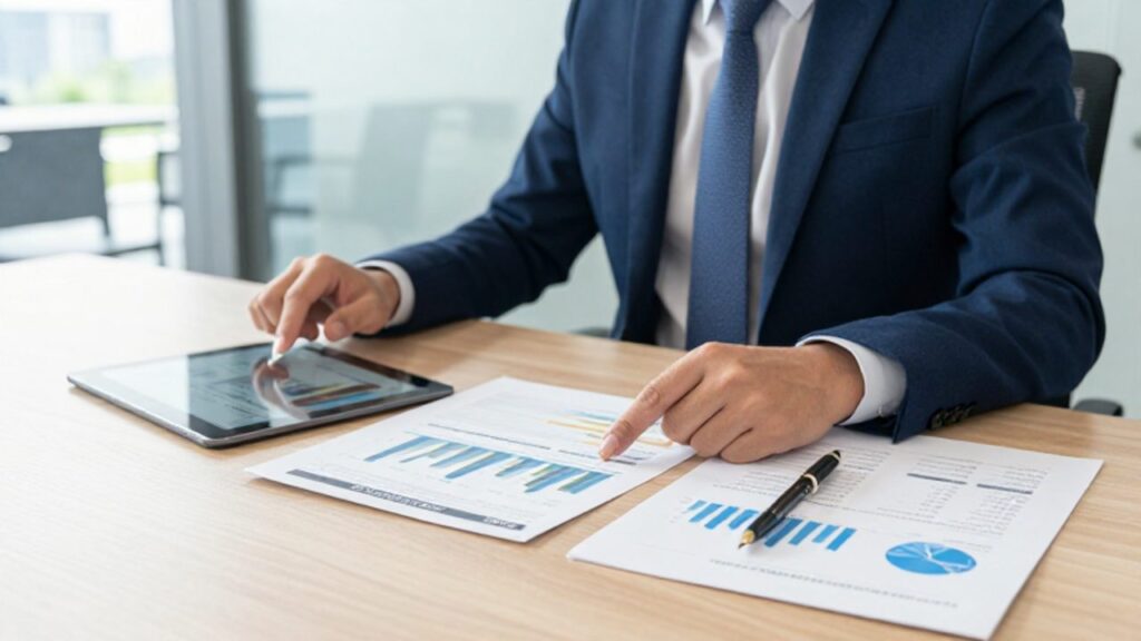 Analista financiero revisando informes de costos y ahorros sobre un escritorio en una oficina moderna.
