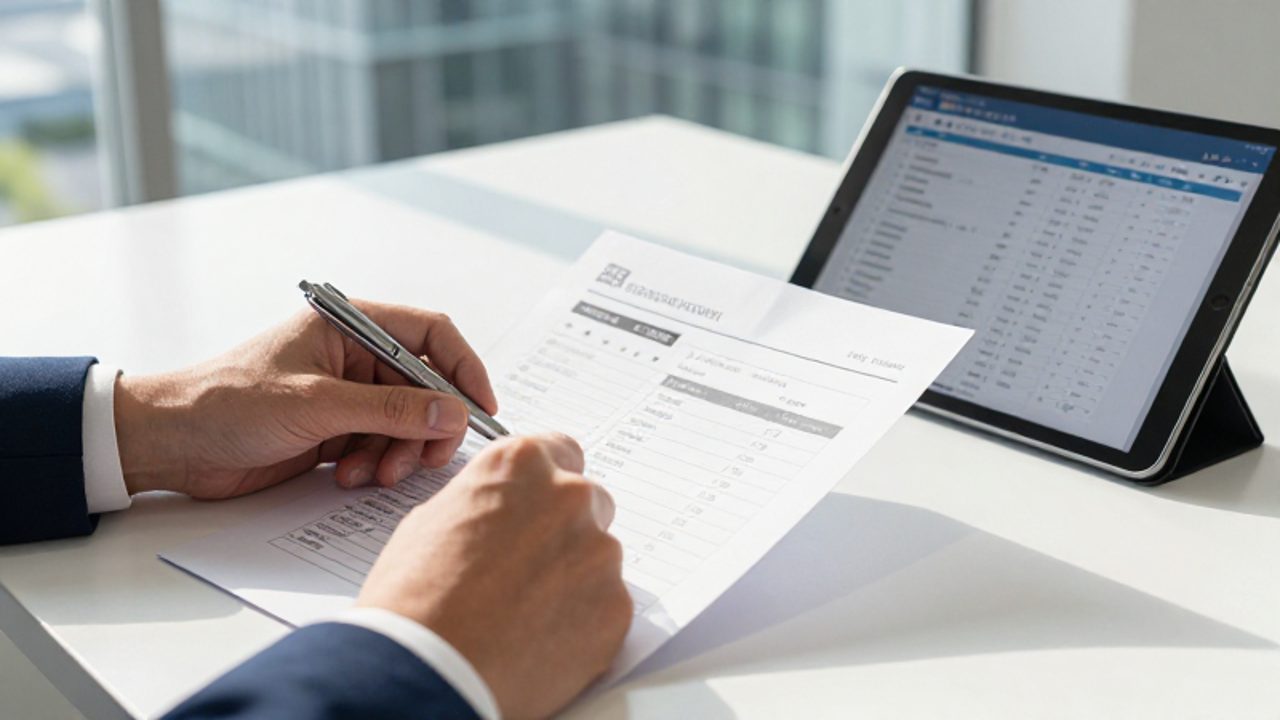 Una mano de un gestor de calidad revisa un documento técnico con un bolígrafo junto a una tableta que muestra un sistema de archivo digital en una oficina moderna.