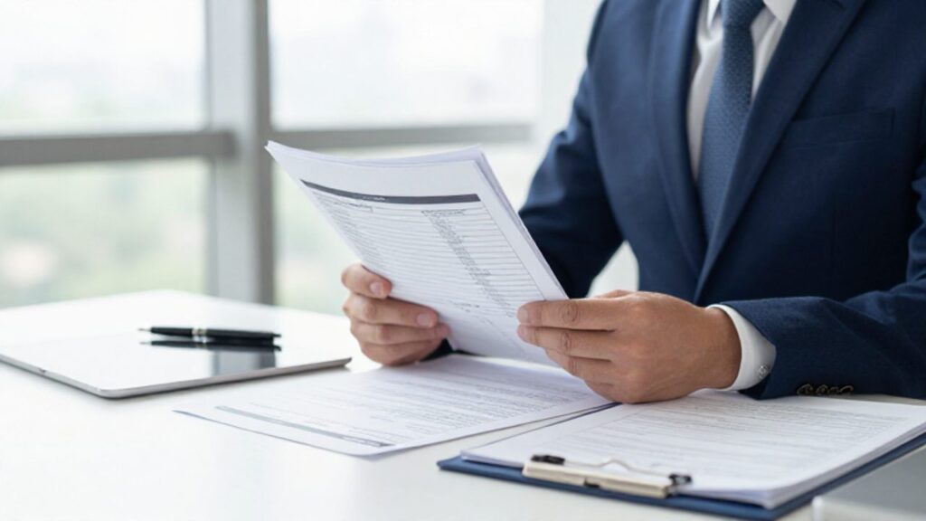Un gestor de calidad revisa con atención un manual técnico y un informe de cumplimiento sobre un escritorio organizado.