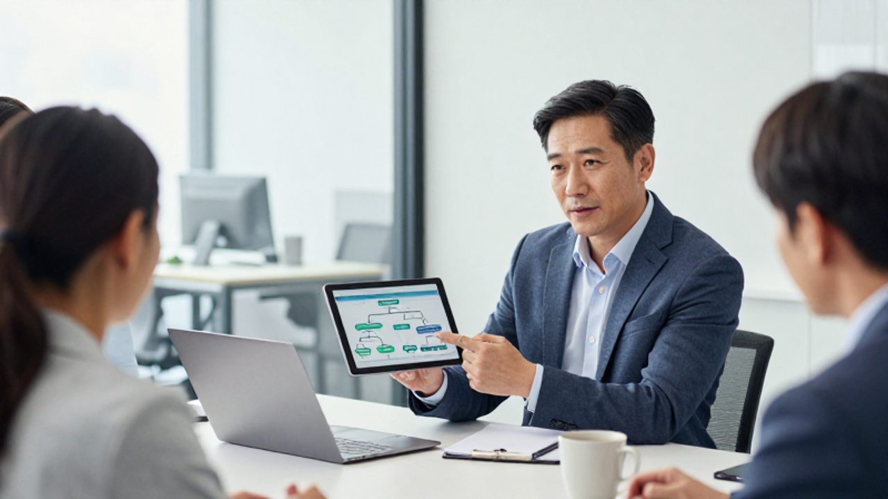 Un gestor de calidad realiza una sesión de capacitación técnica con un grupo de empleados en una oficina moderna.