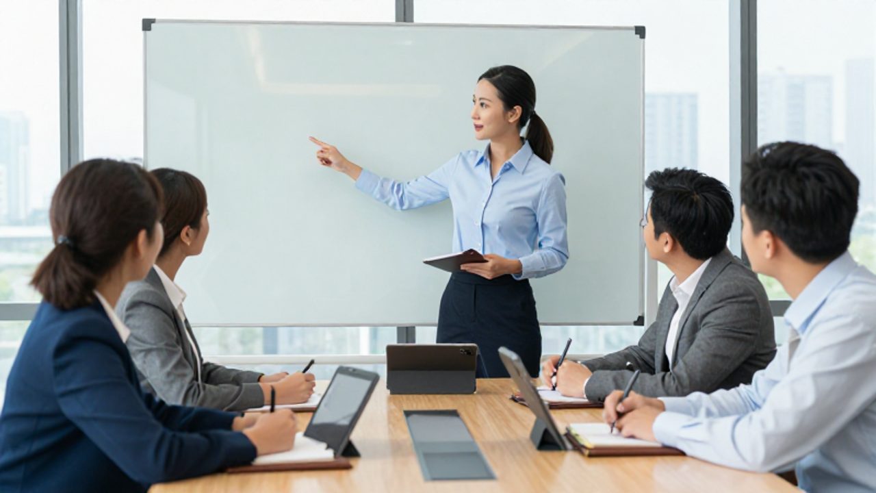 Una instructora dirige una capacitación para un grupo de empleados en una sala de juntas moderna y luminosa.