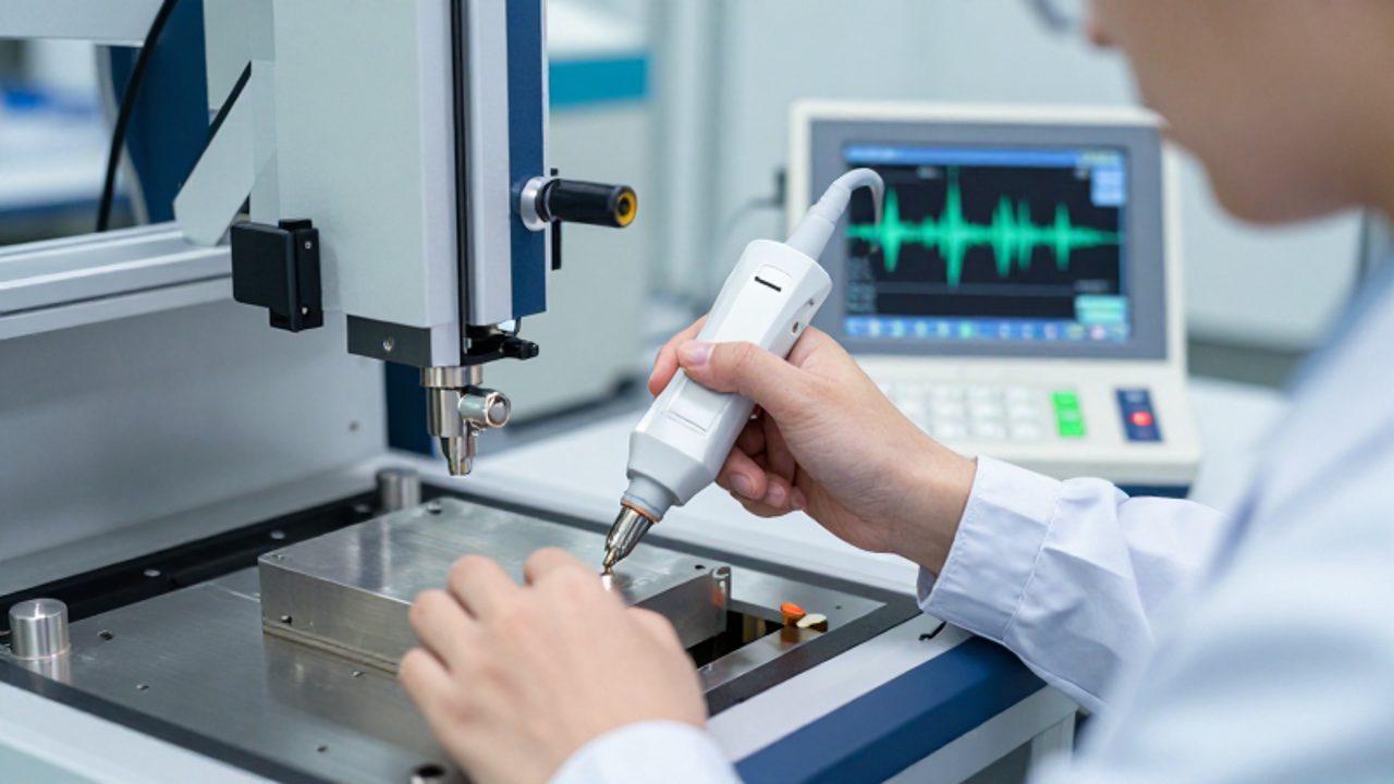 Técnico especializado realiza una prueba de ultrasonido sobre un componente metálico en un laboratorio industrial de alta tecnología.