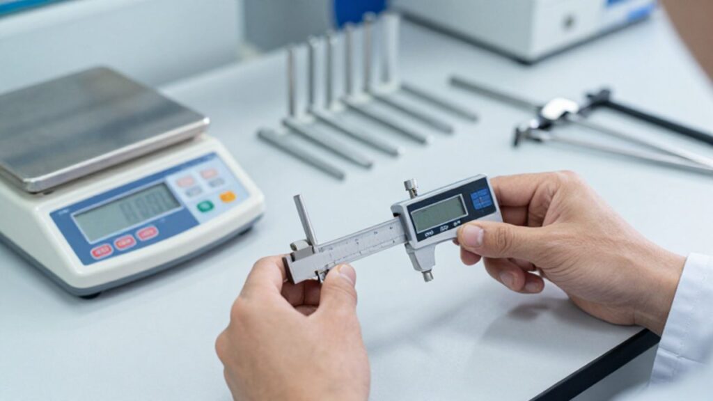 Un técnico utiliza un micrómetro digital para medir una pieza metálica sobre un banco de trabajo en un laboratorio industrial.