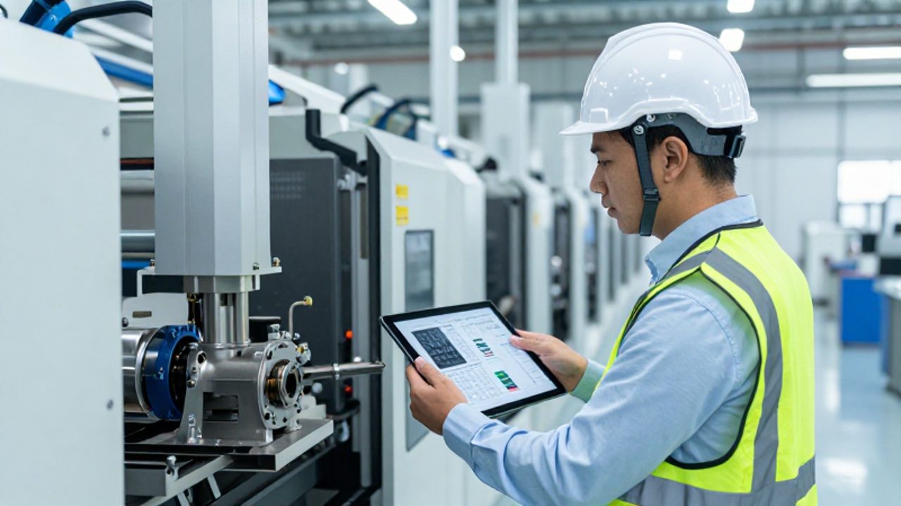 Ingeniero industrial revisa componentes de una maquinaria avanzada en una planta tecnológica utilizando una tableta digital para la gestión de riesgos.