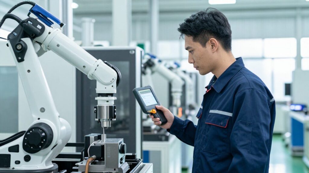 Un ingeniero de mantenimiento inspecciona con una herramienta digital el panel de control de una maquinaria robótica en una planta industrial moderna y organizada.