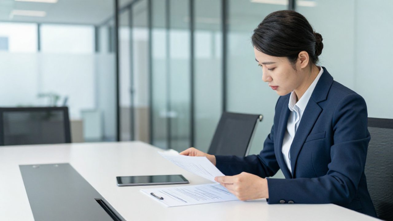 Un auditor revisa documentación técnica y una tablet sobre una mesa de conferencias en una oficina moderna de alto nivel.