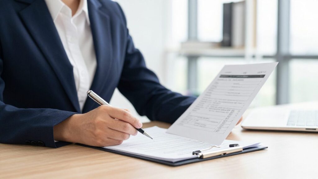 Un auditor profesional revisa minuciosamente una lista de verificación y documentación técnica sobre un escritorio en una oficina moderna.