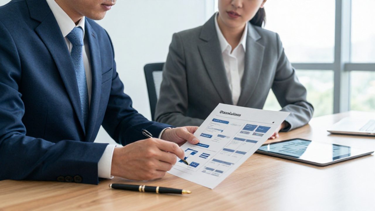 Un gestor de recursos humanos y un auditor de calidad revisan documentos y un organigrama en una oficina moderna durante una reunión de trabajo.