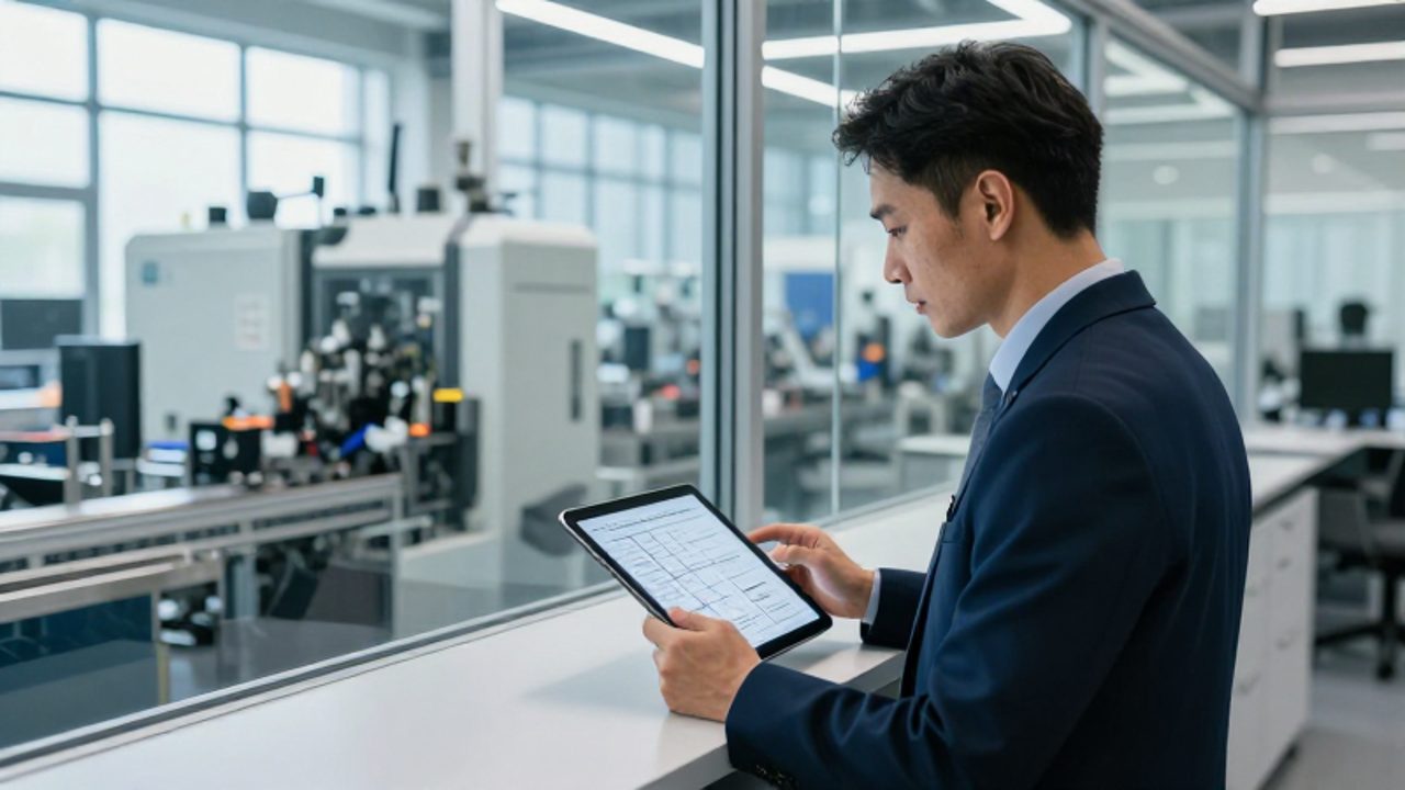 Un auditor analiza un diagrama de flujo en una tablet mientras observa una línea de producción industrial a través de un ventanal.