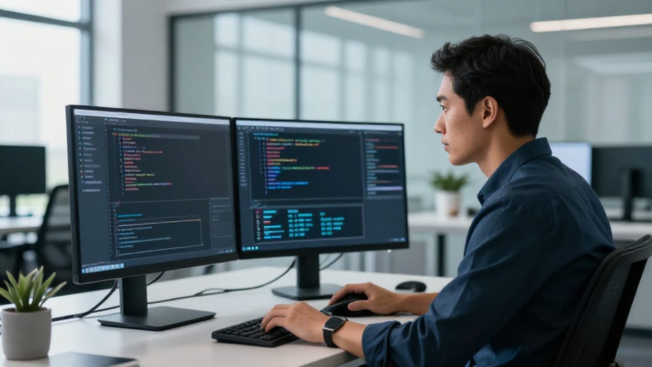 Ingeniero de software concentrado trabajando frente a dos monitores con arquitecturas de código en una oficina moderna y luminosa.