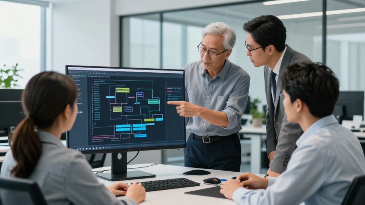 Un desarrollador senior y un gestor de calidad revisan juntos un diagrama de arquitectura de software en un monitor dentro de una oficina moderna.