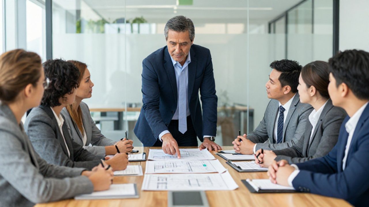 Un ejecutivo dirige una reunión estratégica con su equipo profesional alrededor de una mesa de conferencias en una oficina moderna.