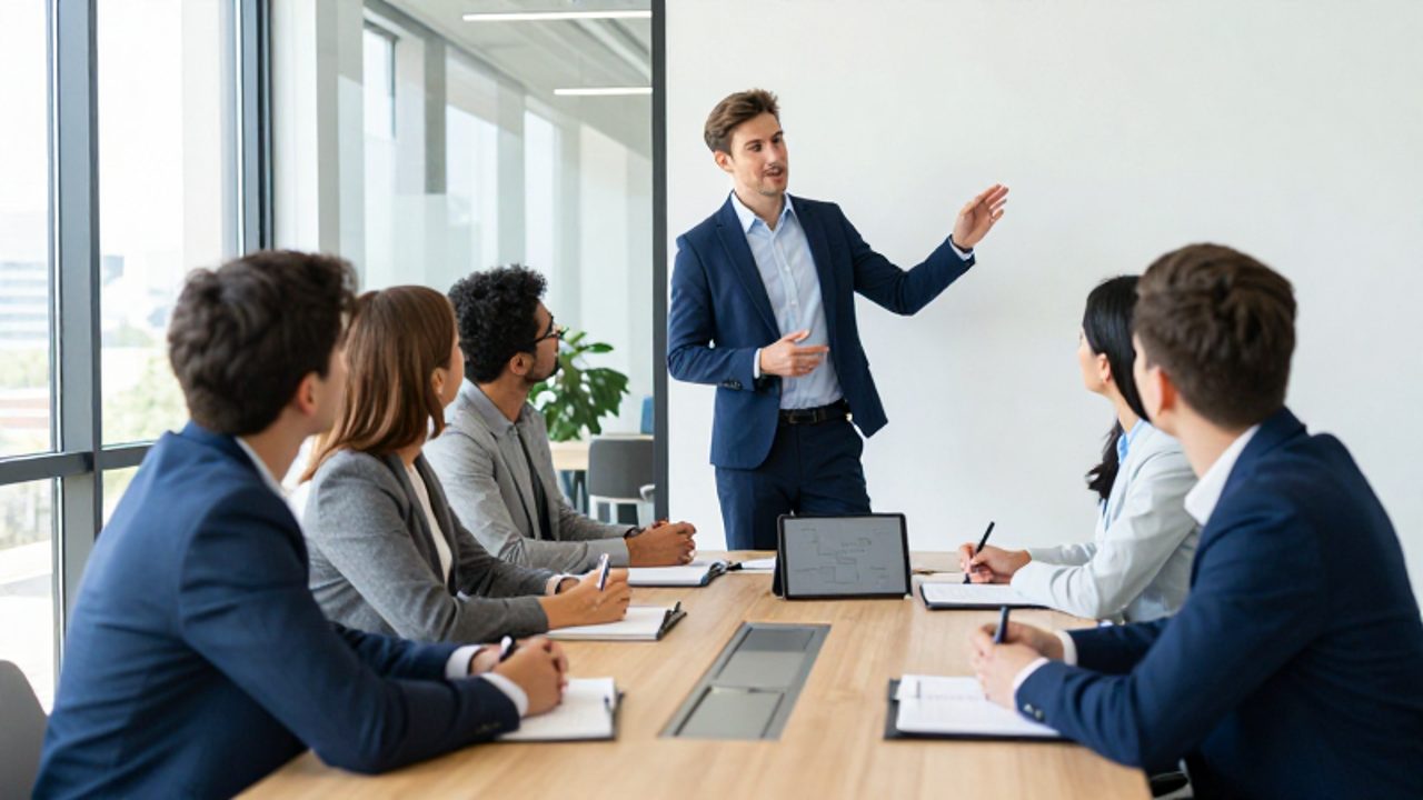 Instructor impartiendo una capacitación sobre gestión de calidad a un grupo de empleados atentos en una sala de juntas moderna.