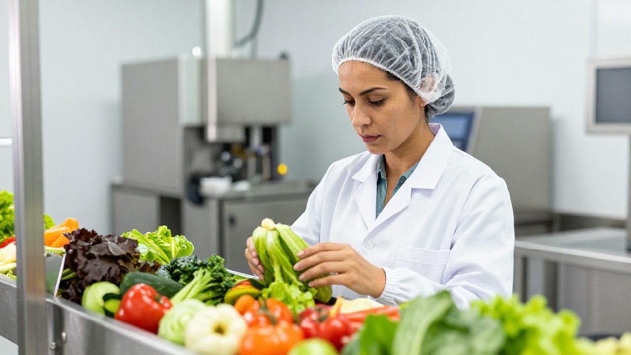 Inspectora de control de calidad revisando productos orgánicos en una planta de procesamiento de alimentos higiénica.
