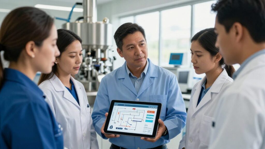 Expertos en un entorno industrial moderno analizan gráficos de control de calidad en una tableta digital.