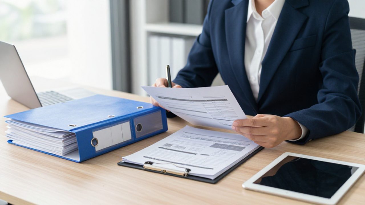 Un responsable de calidad organiza carpetas y manuales técnicos sobre un escritorio en una oficina moderna para la documentación del sistema de gestión.