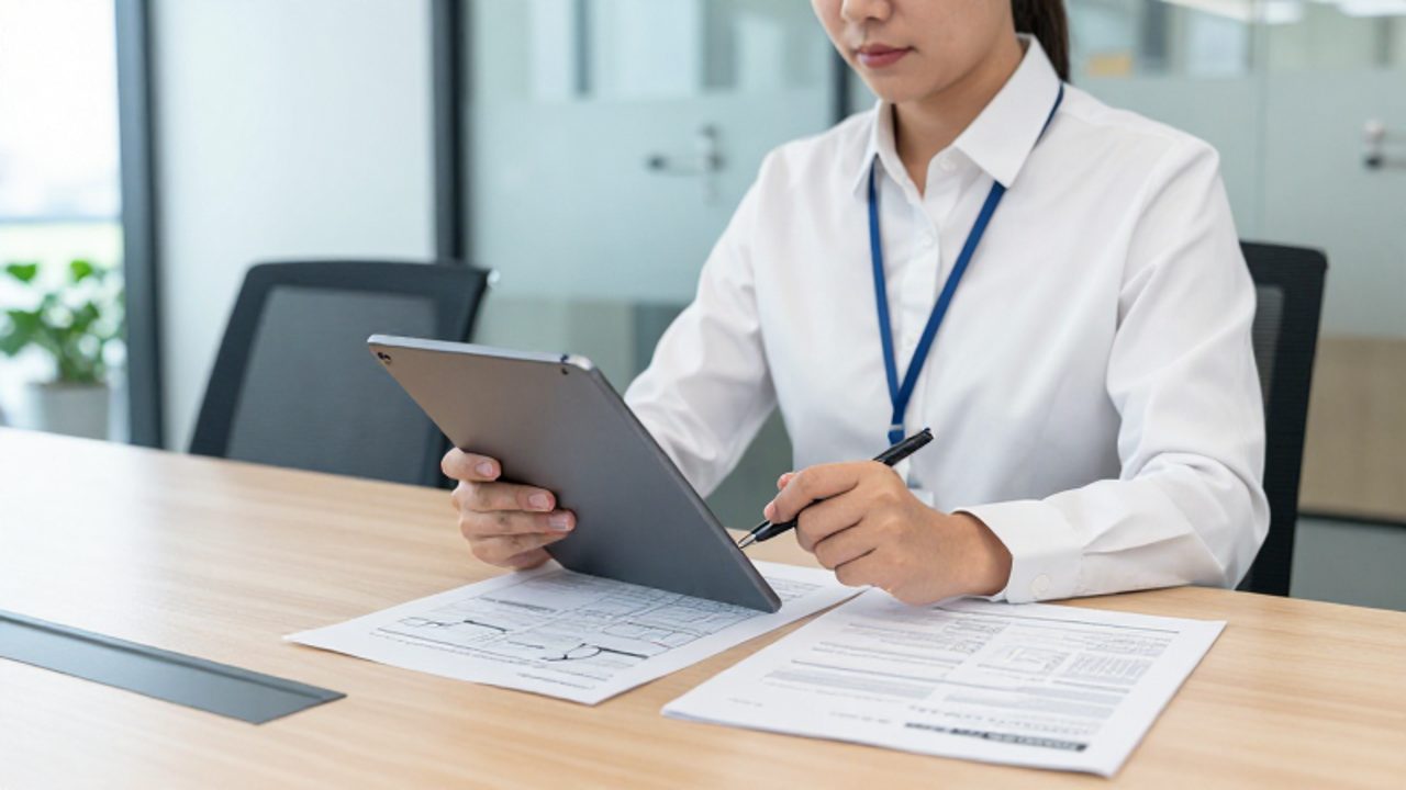 Un auditor revisa documentos de cumplimiento y diagramas de procesos con una tableta digital en una mesa de conferencias de una oficina moderna.