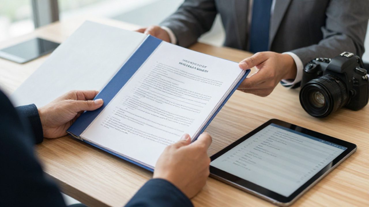 Un gestor de calidad revisa documentos técnicos y reportes de cumplimiento en una carpeta sobre un escritorio organizado.