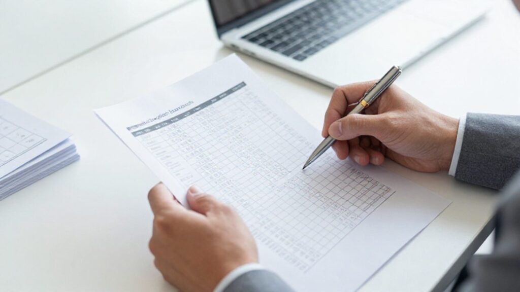 Una persona completa una lista de verificación de evaluación de proveedores en un escritorio de oficina organizado.