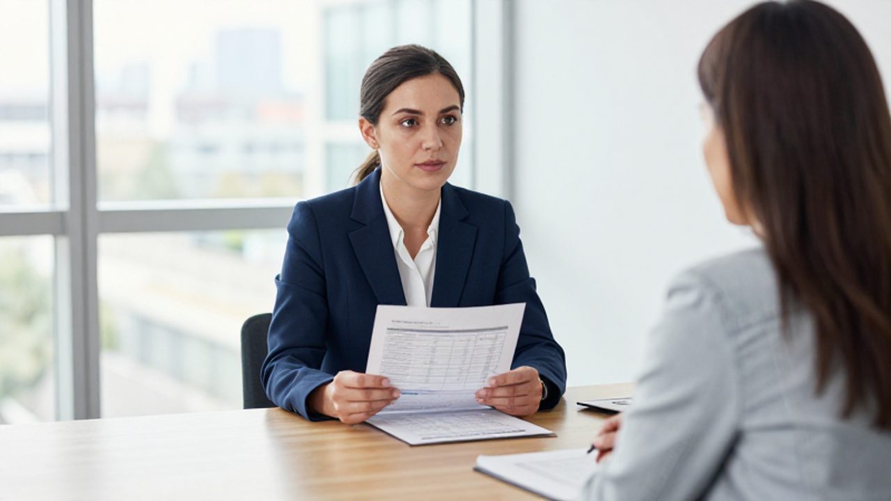 Una reclutadora realiza una entrevista de trabajo estructurada a una candidata en una oficina moderna y luminosa.