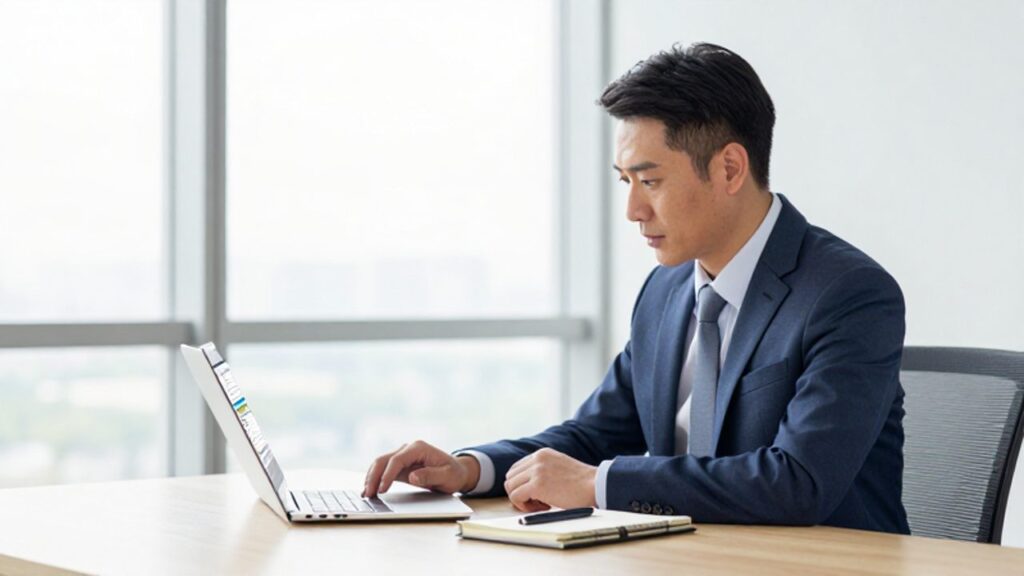 Especialista en gestión de calidad trabajando concentrado frente a un ordenador en una oficina moderna y luminosa.