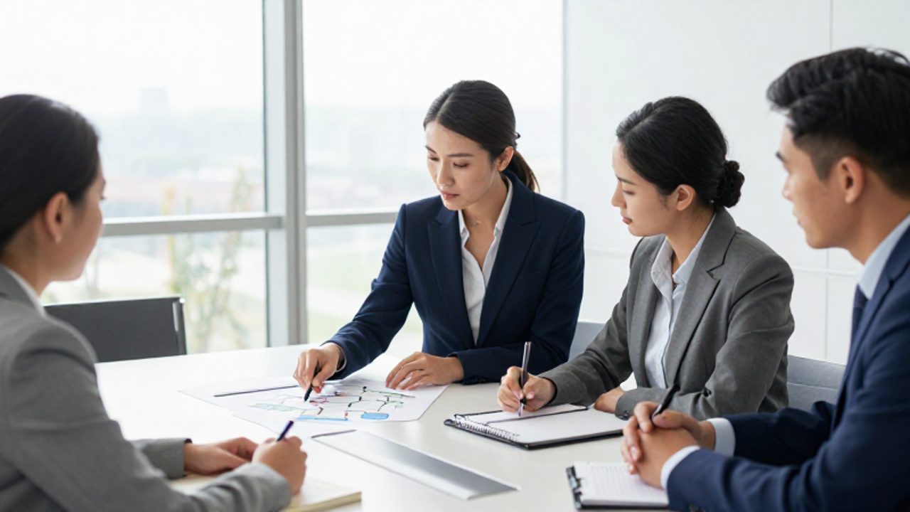 Un grupo de líderes empresariales analiza un diagrama de procesos durante una reunión colaborativa en una sala de juntas moderna.