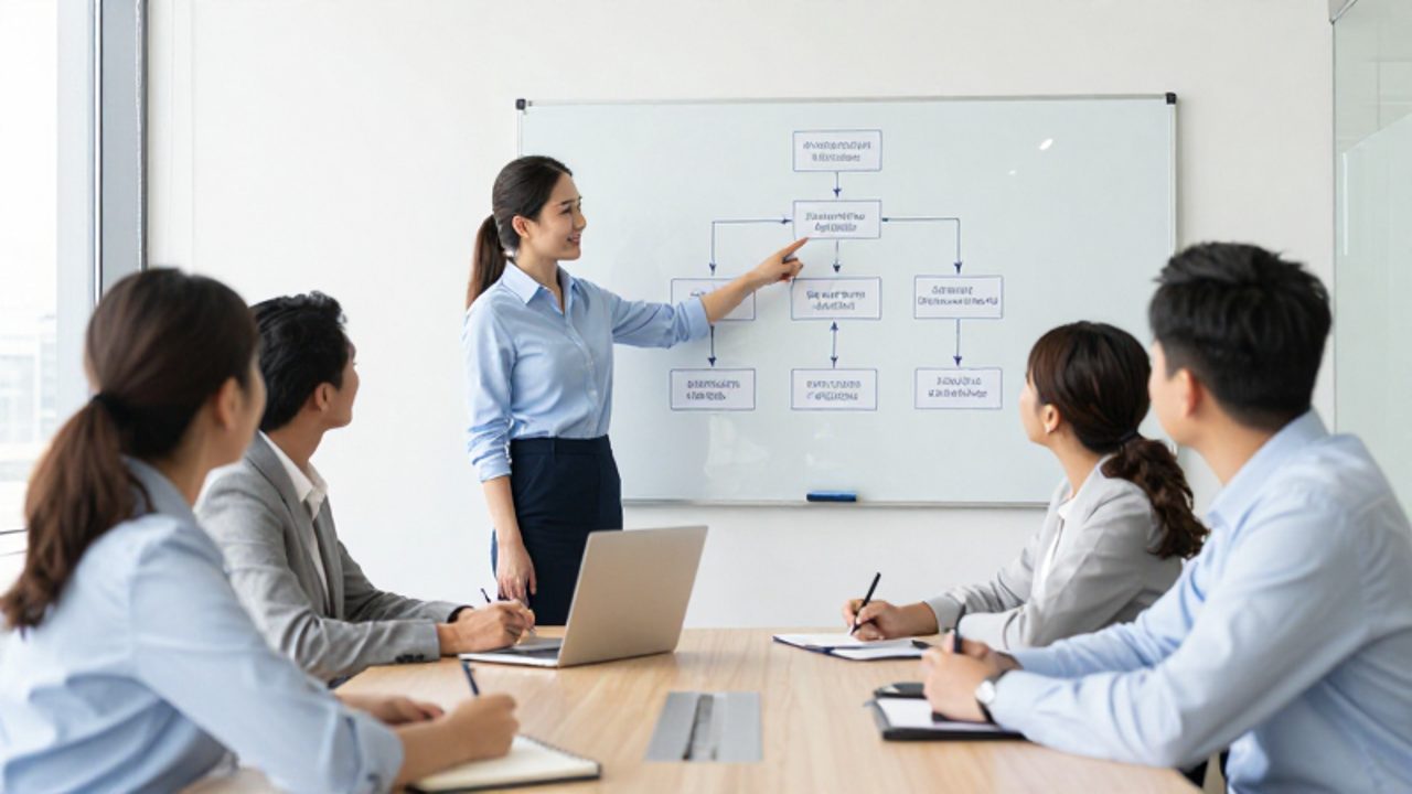 Una gerente de calidad lidera una sesión de capacitación frente a un diagrama de procesos ante un equipo de profesionales en una sala de reuniones.