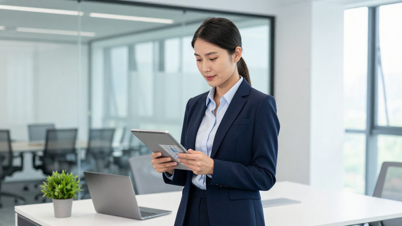 Una gerente de calidad analiza gráficas de datos en una tableta dentro de una oficina corporativa moderna y luminosa.