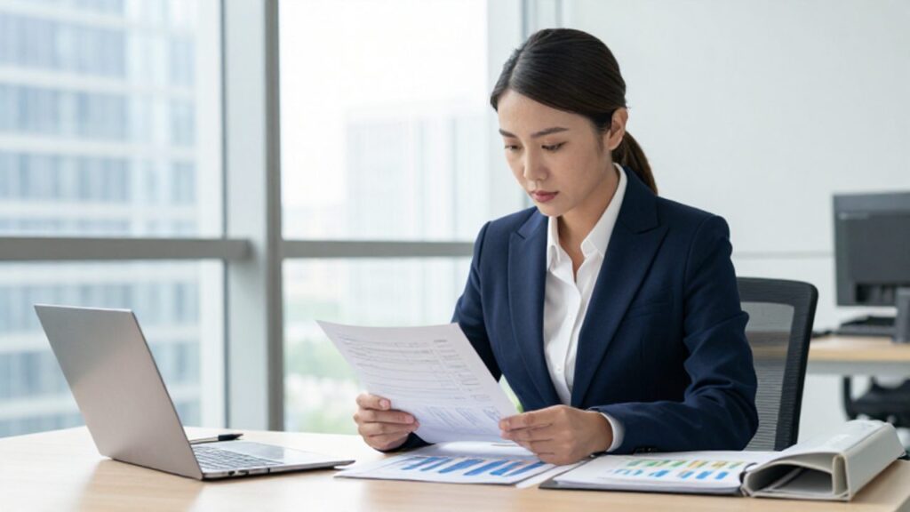 Una gerente de calidad revisa documentos técnicos y gráficos de gestión sobre un escritorio en una oficina moderna.
