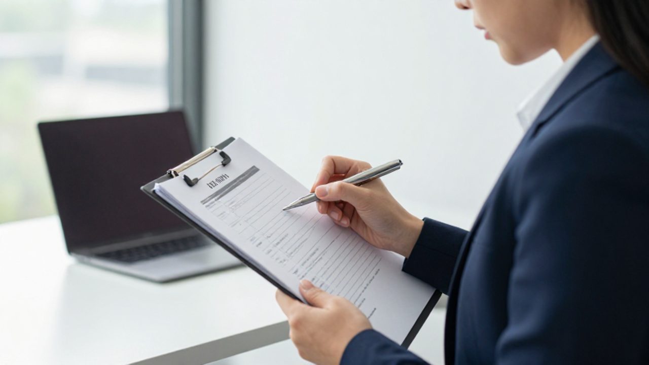 Una auditora revisa una lista de verificación en una carpeta de documentos en una oficina moderna.
